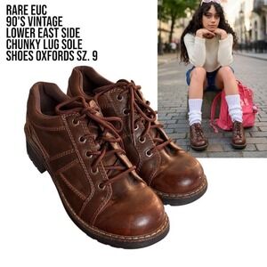 RARE 90'S VTG. LOWER EAST SIDE CHUNKY LUG BROWN LACE UP OXFORD SHOES SIZE 9 EUC